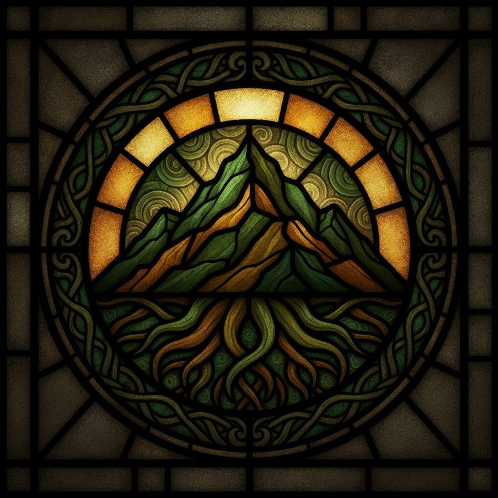 A stained-glass window: a mountain under a rising sun, its roots reaching deep below