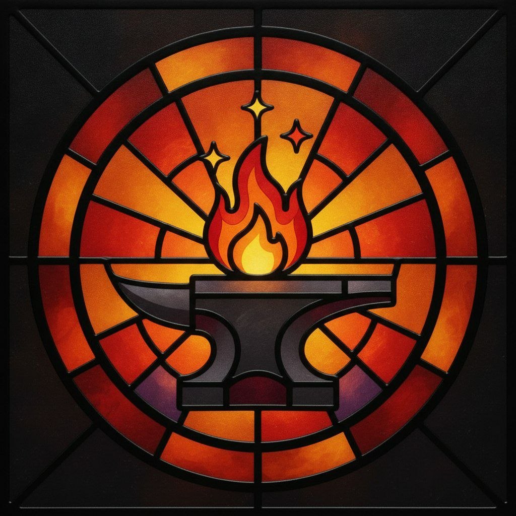 A stained-glass window: a flame on an anvil, sparks rising