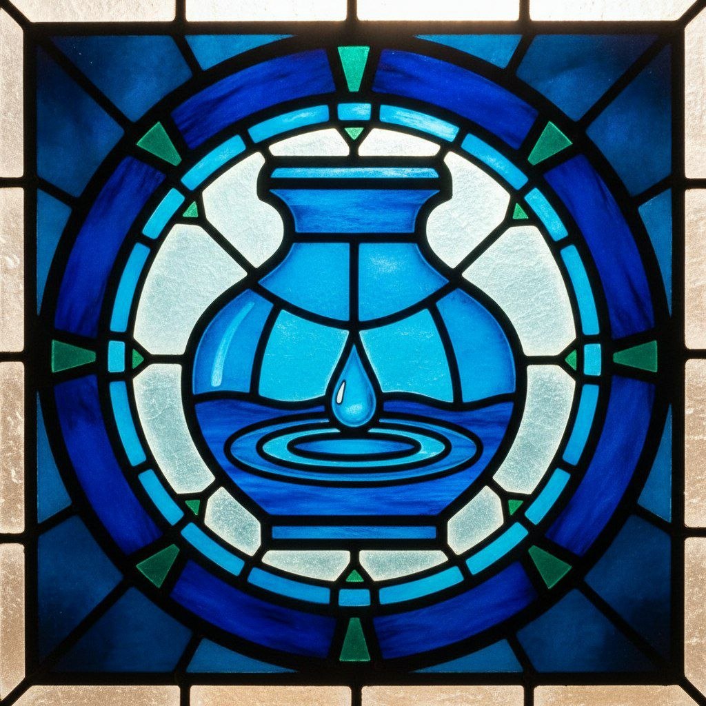 A stained-glass window in blues: a vessel, and one drop landing in still water