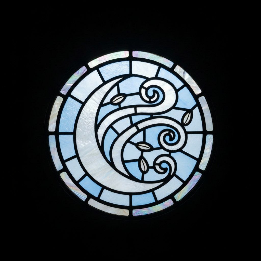 A round stained-glass window of pale glass, wind curling around a crescent